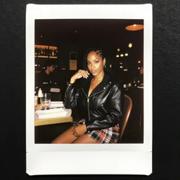 jamaican woman with dreads wearing a leather jacket and a plaid miniskirt at a fancy restaurant, polaroid, by nan goldin, jamel shabbaz, gregg araki