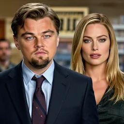 leonardo dicaprio as the wolf of wall street next to margot robbie as naomi from the wolf of wall street, hyper realistic faces, cinematic, long shot, hyper detailed, 8 5 mm photograph, 8 k resolution, film still, sharp lens, wide lens