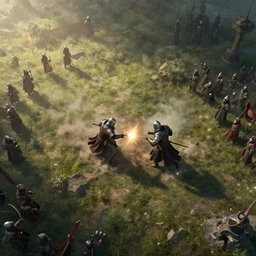 drone shot of two medieval armies clashing on a fantasy landscape, fantasy armies, first light, cinematic, cinematic, art by michael shainblum,