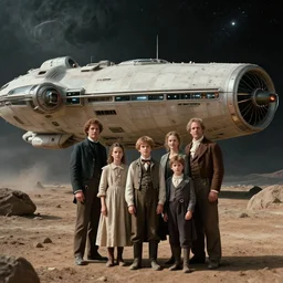 highly detailed, 513435456k film, 16800mm film still from a sci fi blockbuster color movie made in 2019, set in 1860, of a family standing in front of a spaceship that has just landed on an alien planet, the family are all wearing 1860s era clothes, good lighting, good photography, ultra high definition