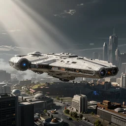 a single large spaceship seen from the surface of a busy metropolis, star wars, star citizen digital art, trending on art station