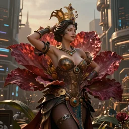 Beautiful 3d render of the flower queen in a sensual pose, atmospheric lighting, painted, intricate, volumetric lighting, beautiful, rich deep colors masterpiece, golden hour, sharp focus, ultra detailed, in the style of Dan Mumford and Johfra Bosschart, with a crowded futuristic cyberpunk city in the background, astrophotography