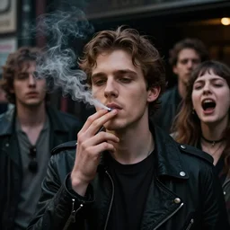 Street photography, a close up of several people leaving a seedy nightclub at 5am, someone is smoking, someone is screaming,