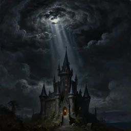 Painting of pure darkness, descending from the skies, into the witch castle, by Eytan Zana