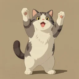 A British Shorthair cat standing up, by studio ghibli painting, by Joaquin Sorolla rhads Leyendecker, An aesthetically pleasing, dynamic, energetic, lively, well-designed digital art, by Ohara Koson and Thomas Kinkade, traditional Japanese colors, superior quality, masterpiece