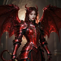 angel knight gothic girl in dark and red dragon armor. by gaston bussiere, by rembrandt