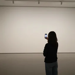 person seen from behind standing in empty gallery, contemplating over empty opposite wall, smartphone selfie pose, provia