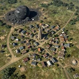 A prospering village on a meteor crash site, concept art, detailed, 4K, artstation, aerial view, film grain