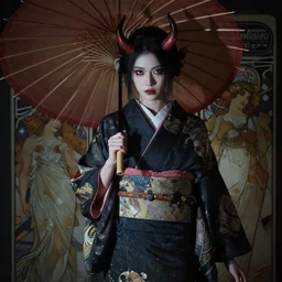 a photorealistic dramatic fantasy render of a beautiful woman wearing a clasical japanese kimono, with demon horns and an umbrella, by wlop, artgerm, greg rutkowski, alphonse mucha, beautiful dynamic dramatic dark moody lighting, shadows, cinematic atmosphere, artstation, concept design art, octane render, 4 k