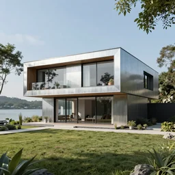 A hyper modern brushed metal house by a lake. Beautiful gardens.