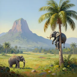 sri lankan landscape, distant mountains, mutated robot elephants climbing coconut trees, volumetric lighting, volumetric shadows, oil painting by zdzisław beksinski,
