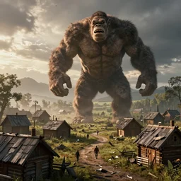 one single giant ogre attacks wooden village houses. destruction. atmospheric beautiful by eddie mendoza and craig mullins. volumetric lights