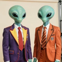 two deformed cloned alien men brothers dressed in cheesy 80s suits. Candid photograph.