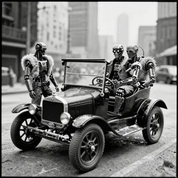 cyberpunk 1 9 0 8 model ford t by paul lehr, jesper ejsing, metropolis, mad max, parked by view over city, vintage film photo, robotic, damaged photo, scratched photo, silent movie, black and white photo