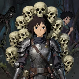 detailed, sharp, portrait of a cute humanoid female warriors wearing skulls by Anna Dittmann and by studio ghibli and Tim Burton and Junji Ito and Zdzislaw Beksinski. digital art. surreal. featured on art station. anime arts. featured on Pixiv, HD, 8K, highly detailed, good lighting