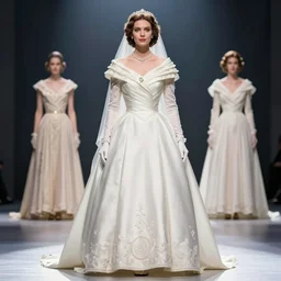 Queen Elisabeth's vintage wedding dress designed Givenchy and Gucci, stage lighrt, award winning fashion photo