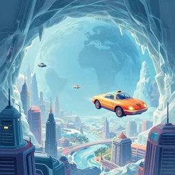 A beautiful illustration of a retro futurism city with flying cars in a massive ice cavern on another world by Daniel merriam | sparth:.3 | Time white:.3 | Rodney Matthews:.3 | Graphic Novel, Visual Novel, Colored Pencil, Comic Book:.2 | unreal engine:.6