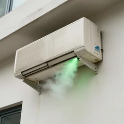 air conditioner leaking toxic green gases on a building wall, hyperrealistic