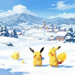 snowy Landscape and a village in the background in the style of Pokemon Sword and shild