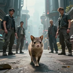 a portrait of a small animal in the middle foreground walking in the street of a sci-fi city by Greg Rutkowski, Sung Choi, Mitchell Mohrhauser, Maciej Kuciara, Johnson Ting, Maxim Verehin, Peter Konig, final fantasy , mythical, 8k photorealistic, cinematic lighting, HD, high details, atmospheric,