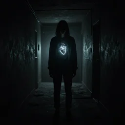 ET standing in a very dark corridor, his faint, barely visible heart, dimly glowing, horror, eerie, creepy, dark, nightmare, poor lighting, dark lighting, misty, shadows