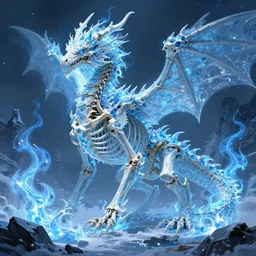 a skeletal ice dragon, winter hell blue flames, artwork by Jaemin Kim