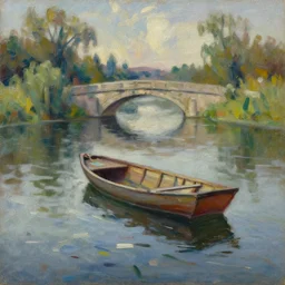palette knife, impasto oil painting of calm river with wooden boat, stone bridge, by hans hofmann, by frank auerbach, thick paint brush strokes, art by anders zorn, wonderful masterpiece by greg rutkowski, beautiful cinematic light, american romanticism by greg manchess, creation by tyler edlin