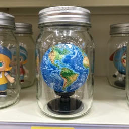 A tiny planet Earth inside a mason jar, on a toy store shelf