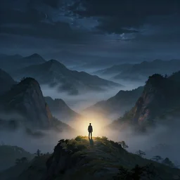 landscape, layers, mountain ranges, dark sky, night, Van Gogh, atmospheric, cinematic, photographic, artstation, digital art, small man center standing on mountain, valley mist, fog, hazy, glow