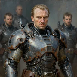a portrait of boris yeltsin in futuristic mechanic armor by chris warner, sci fi movie, rusty shapes, hard surface, tim hildebrandt, wayne barlow, bruce pennington, oil on canvas, deep depth field, masterpiece, trending on artstation, featured on pixiv, cinematic composition, hyper - detailed, hd, hdr, 4 k, 8 k