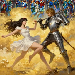 breathtaking detailed painting of princess mononoke in a golden sky, fighting arthur rimbaud with a knight armor, mediaval stained glass sky rembrandt style, elegant, highly detailed, artstation, concept art, matte, sharp focus, art by tom bagshaw, and greg rutkowski