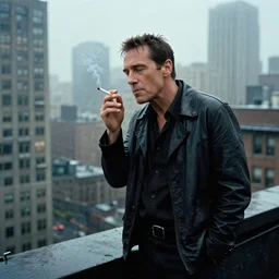 beautiful cinematic film still of steve buscemi smoking a cigarette on a building top overlooking the rainy city in blade runner, 4 k