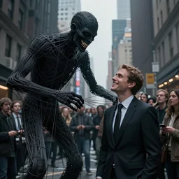 hyperrealism dark fantasy, sinister humanoid figure made out of strings, making a smile with very sharp teeth, the strings attach themselves to a man in a good looking suit that is smiling amongst a crowd oblivious of what is happening in the streets of new york, intricate digital art, 8 k,, cinematic, octane, unreal 5, breathtaking