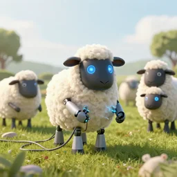 wide - shot of adorable electric robot sheep!! in a field!!, charging wires, glowing diods, electricity, greg simkins, jean luc, android jones, rutkowsky, matte painting, steam lighting, render, hyperrealistic, highly detailed, accurate