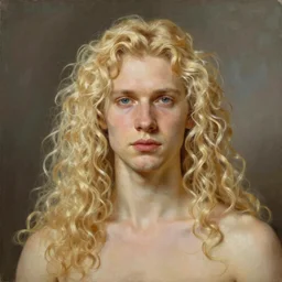 Painting of Lucius Bjornsson with long fluffy curly blond hair. By J.C Leyendecker and Norman Rockwell. Androgynous clean shaven scandinavian white man. very very very blond curly hair. golden platinum blond hair. Pale and pretty.