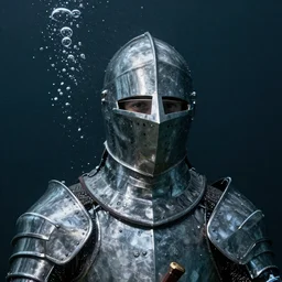 Underwater photo of a beautiful medieval knight by Trent Parke, close up, huge bubbles, metallic patterns, clean, detailed