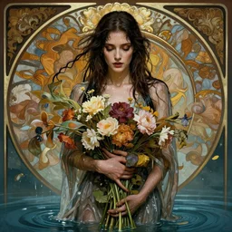 portrait of a beautiful mysterious woman holding a bouquet of flowing flowers, drenched clothing, wet dripping long hair, hands hidden under the bouquet, emerging from the water, fantasy, regal, intricate, by stanley artgerm lau, greg rutkowski, thomas kinkade, alphonse mucha, loish, norman rockwell
