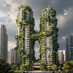 utopian biophilic architecture, tall towers with balconies, urban green