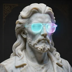 a detailed marble sculpture of the jensen ackles wearing glowing neon slotted 1 9 8 0 s glasses, vaporwave style masterpiece, 8 k, art by greg rutkowski and albert bierstadt and arthur rackham and alphones mucha