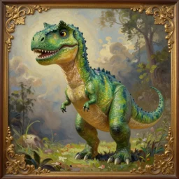 a green anthropomorphic tyrannosaurus, art by pixar, adorable and whimsical, oil on canvas, ornate detail
