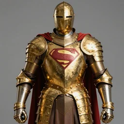 superman wearing an extremely detailed and elegant golden medieval knight armor.