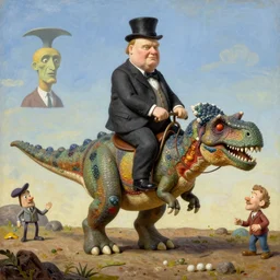 Winston Churchill riding a T-Rex, painting by Jean Giraud and René Magritte and Gary Panter and Robert Crumb, claymation in octane