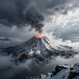 a photorealistic hyperrealistic render of a volcanic island under a snowstorm by greg rutkowski, wlop, artgerm, dramatic lighting, strong shadows, volumetric, cinematic atmosphere, octane render, artstation, 8 k