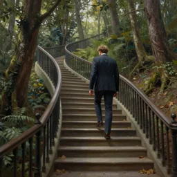 a man walking up a steep and winding staircase, in beautiful woods, intricate, dappled lighting, elegant, highly detailed, oil painting, artstation, concept art, sharp focus, beautiful illustration, society, by justin gerard and artgerm, 4 k