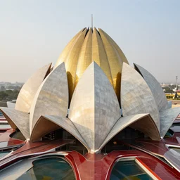 futuristic lotus temple space station with gold, red and white marble panels, by zaha hadid and  buckminster fuller and syd mead, intricate contemporary architecture, photo journalism, photography, cinematic, national geographic photoshoot