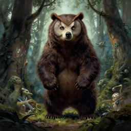owlbear in the forest, d & d, fantasy, greg rutkowski, frank frazetta, alexandre chaudret, boris vallejo, michael whelan, miro petrov, hr giger, magali villeneuve, donato giancola