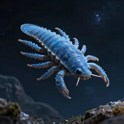 a blue tardigrade floating in space, realistic