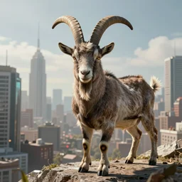 a horned goat in a cityscape, intricate, futuristic, ultra realistic, hyper detailed, cinematic, bold,