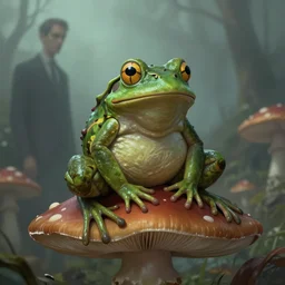 cthulhu frog sitting at a mushroom, full body shot, matte painting, glorious, unsettling, misty, by lovecraft and greg rutkowski, luis royo and wayne barlowe, artstation