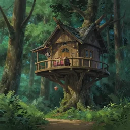 beautiful tree house on a forest path, beautiful ancient trees, hiding large treasure chest, serene evening atmosphere, soft lens, soft light, cel - shading, animation, in the style of cgsociety, deviantart, artstation, zbrush, cinema 4 d, studio ghibli, akihiko yoshida, atelier lulua, masamune shirow